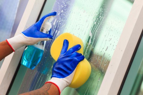 Carpet cleaner preparing safe equipment and protective gloves