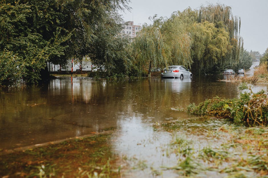 A flooded alleyway between residential and commercial buildings, with muddy water covering the pavement and reaching the bases of the structures. The buildings feature modern architectural styles with